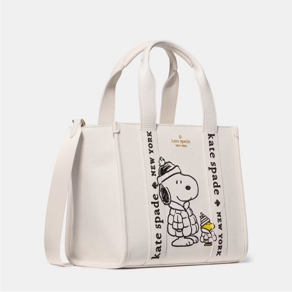 Kate Spade x Peanuts Snoopy Small Leather Tote Crossbody Bag, Cream NEW